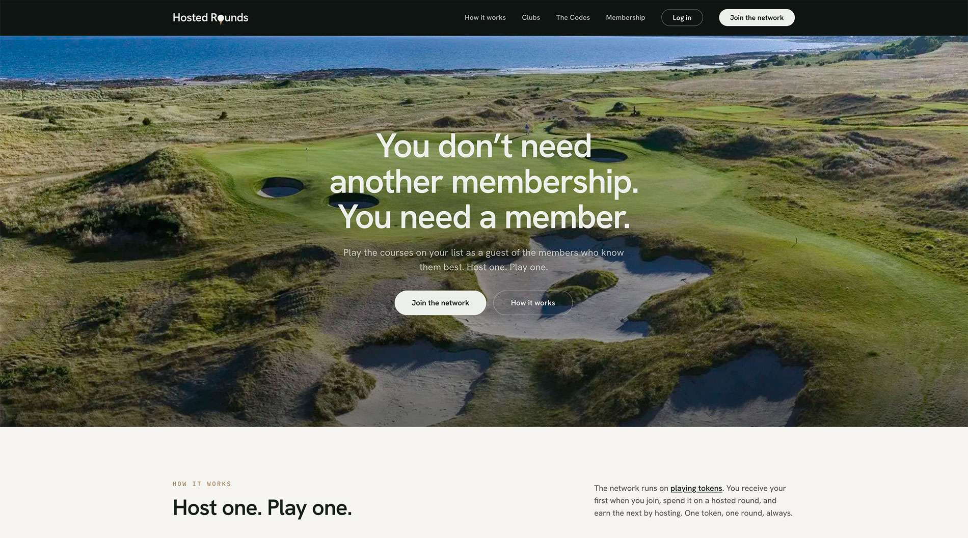 The Hosted Rounds marketing site homepage — a members-only golf network
